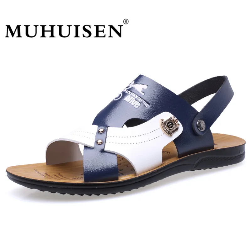 

Muhuisen Summer Fashion Men Sandals Beach Slippers Breathable Leather Soft Casual Shoes Male Outdoor Size 38-44