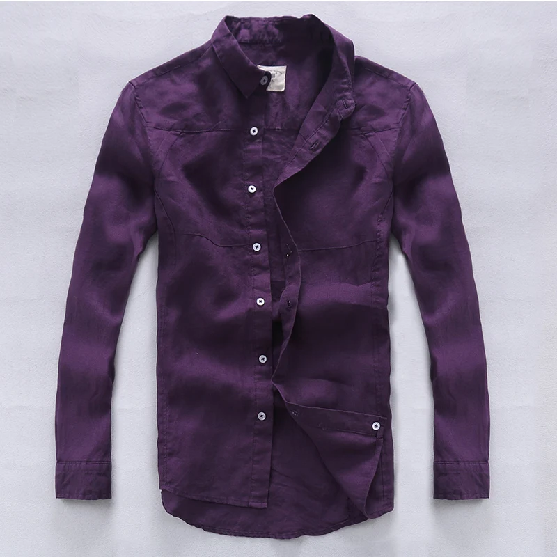 Acheter Italie marque chemise en lin hommes qualité mode hommes chemises lin manche longue décontracté hommes chemise exécution exquise violet nuisette