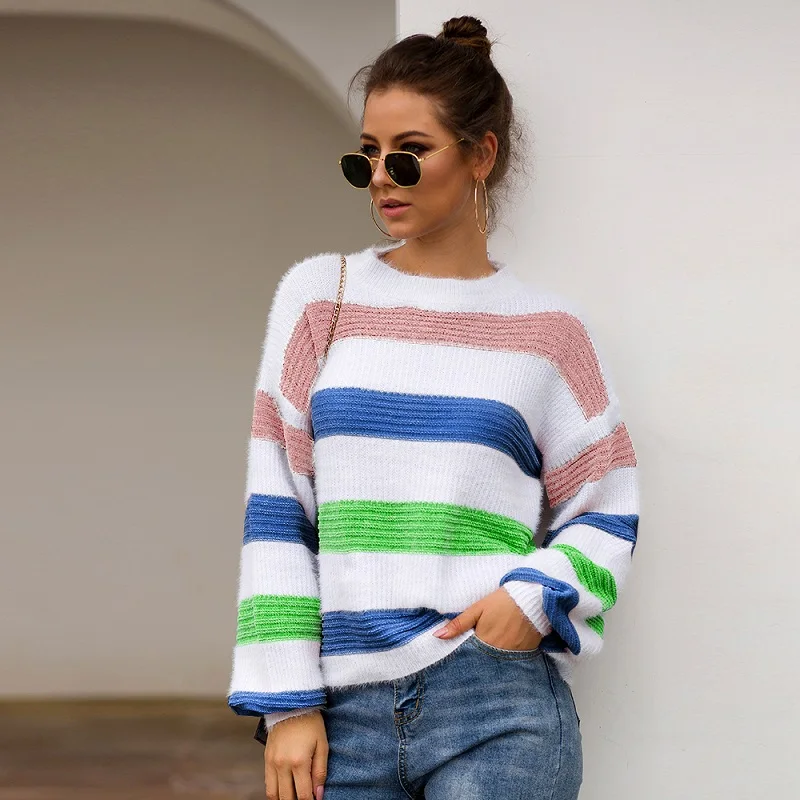 Color matching Stripe Sweaters Women Autumn Winter Pullovers Jumpers Female Knitted Loose Warm soft Sweaters Mujer Pullover