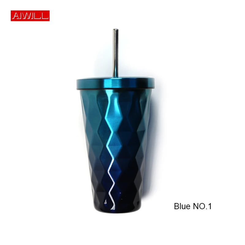

AIWILL 500ML Rainbow Colorful Creative Irregular Cup Double -layer Stainless Steel Ice Cup Coffee Cup With Drinking Straw GIFT