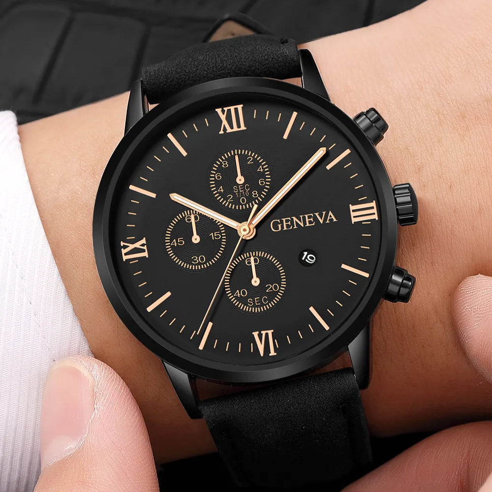 Geneva мужские часы, модные мужские часы с датой, сплав, чехол, искусственная кожа, аналоговые кварцевые спортивные часы, horloges mannen montres homme