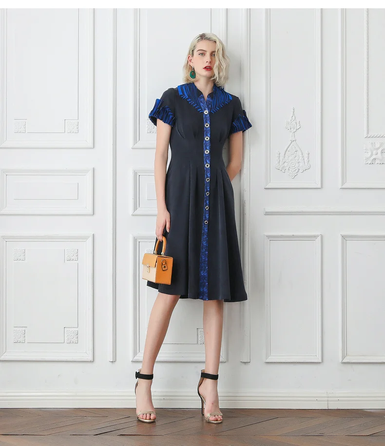 navy blue silk shirt dress