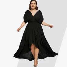 Rosegal высокого низкого размера плюс Макси-платье с высокой талией вечерние женские платья черного цвета с v-образным вырезом и коротким рукавом женские платья Vestidos