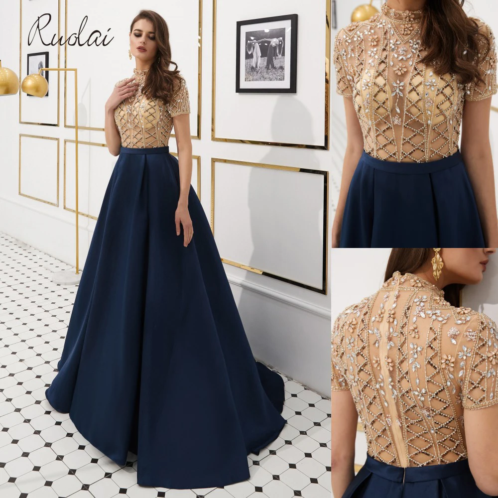 

Luxury Evening Dresses Long 2019 Short Sleeve A Line Heavy Beaded Crystal Evening Gown for Women Evening dress robe de soiree