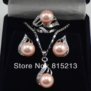 

ddh00373 Fashion jewelry10mm pink shell pearl earring pendant ring(#7,8,9) set