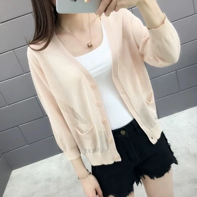 New 2019 spring and summer female knit ice silk v-neck plain cut ice silk thin cardigan coat female New 2019 spring and summer female knit ice silk v-neck plain cut ice silk thin cardigan coat female