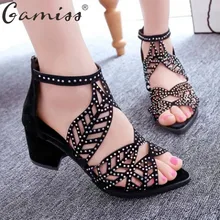Gamiss Vintage Summer Style Women Shoes Women’s Sandals Platform Wedge High Heels Rhinestones Bohemian Beach Shoes Flip Flops