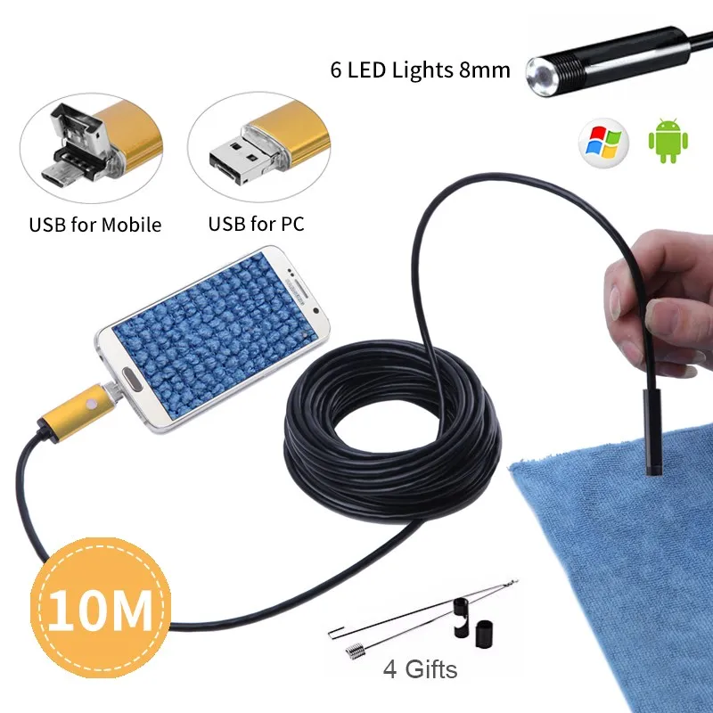 Prostormer 8 мм 2в1 USB эндоскоп камера 6Led Broscope ПК Android задняя золотая 2/5/10 м|Бороскопы| |