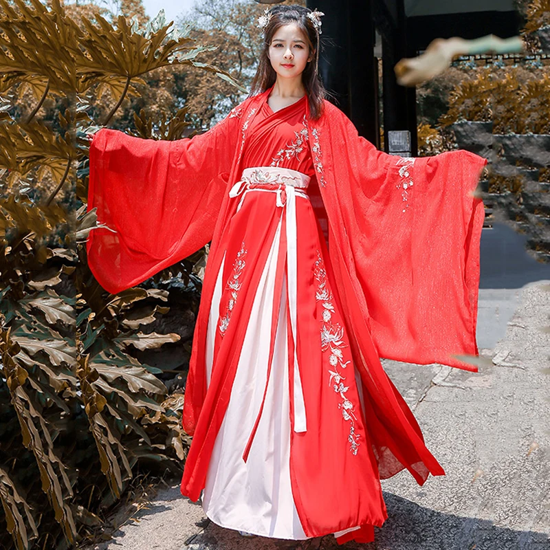 Женский танцевальный костюм Hanfu красного цвета с вышивкой праздничный в