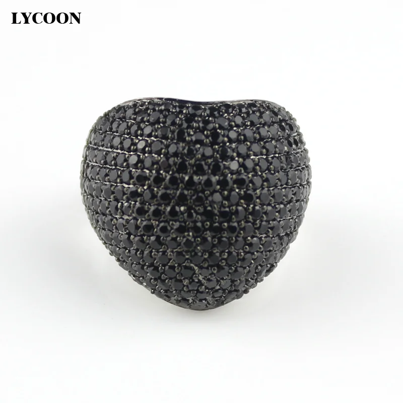 

LYCOON new fashion heart ring luxury shiny black CZ rings prong setting Cubic Zirconia beautiful women ring