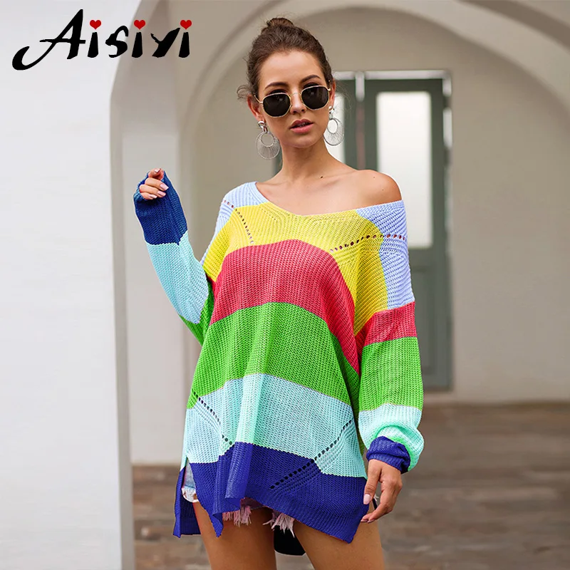 

Aisiyi Women Long Sleeve Rainbow Striped Knitted Sweater for Women Patchwork Pullovers Sweaters Women Loose Elegant Sweater