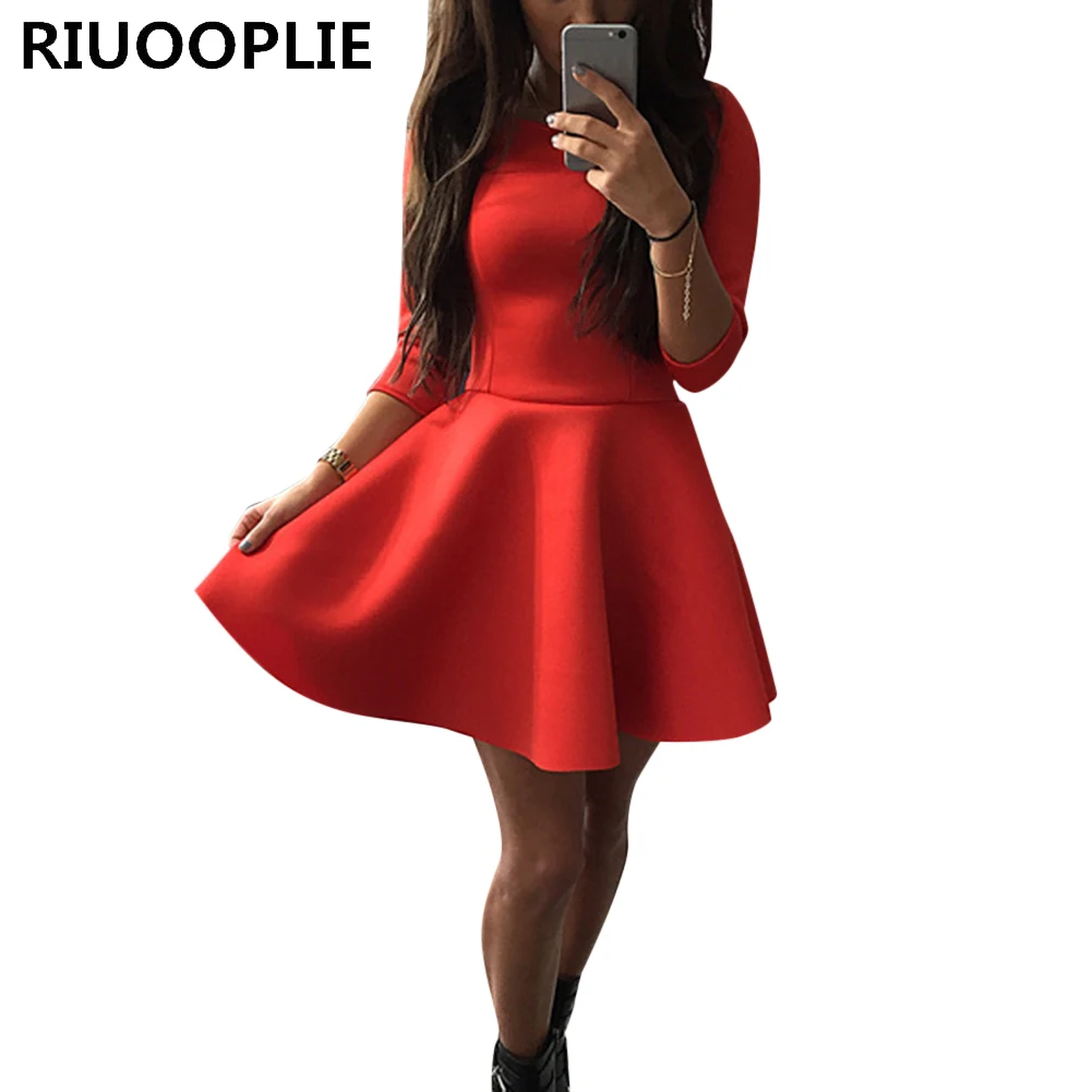 RIUOOPLIE Fashion Women's 3/4 Sleeve Sexy Spring Women Dress Bodycon Ruffles O Neck Office