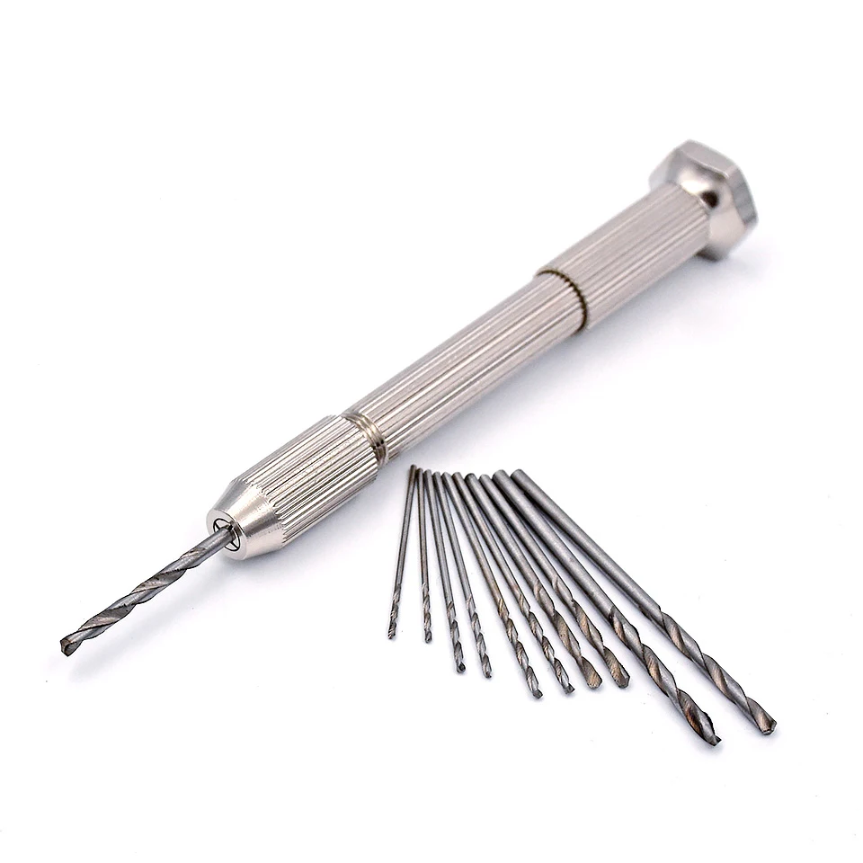 Mini Micro Aluminum Hand Drill With Keyless Chuck+10Pcs 0.8mm-3.0mm HSS Twist Drill Bit Sets For Rotary Tools Wood Drilling