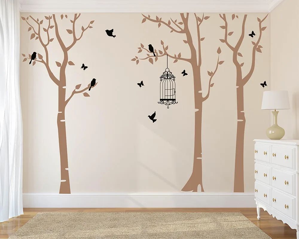 البتولا شجرة الحضانة جدار صائق البتولا شجرة مع الطيور و قفص العصافير الجدار ملصق البتولا شجرة الحضانة ل غرفة الأطفال غرفة 8113 طن