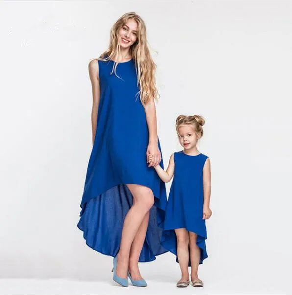 

Mother Daughter Clothes Summer Solid Sleeveless Irregular Dress Girl Blue Robe Dress Mom and My Family Clothing