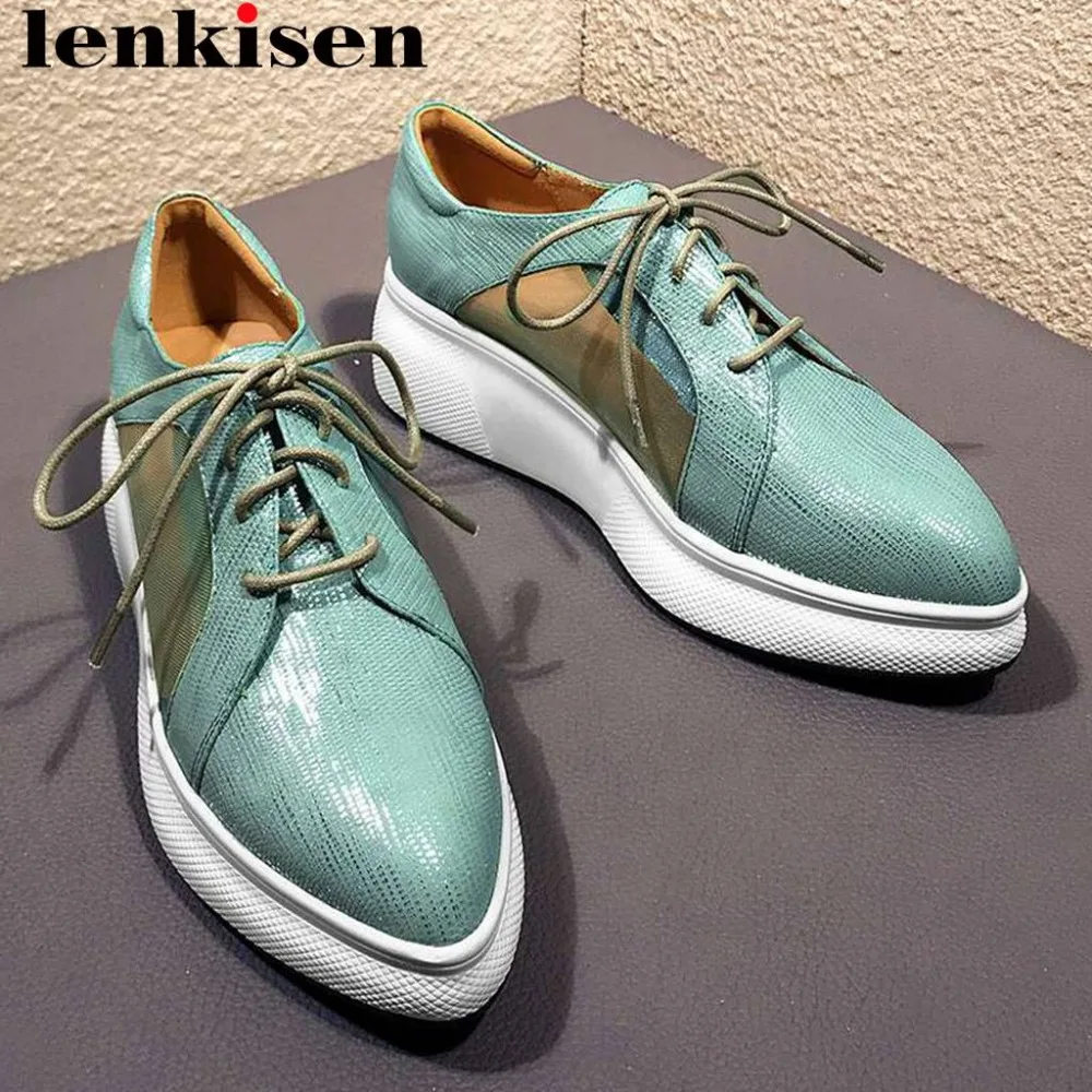 

Well-ventilated mesh luxury sheep leather lace up thick high bottom platform sneakers pointed toe ladies vulcanized shoes L7f5