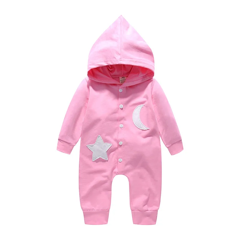 

Emmababy Newborn Baby Boy Girl Romper solid pink blue stars moon print Jumpsuit Hooded Rompers cotton Clothes Outfits