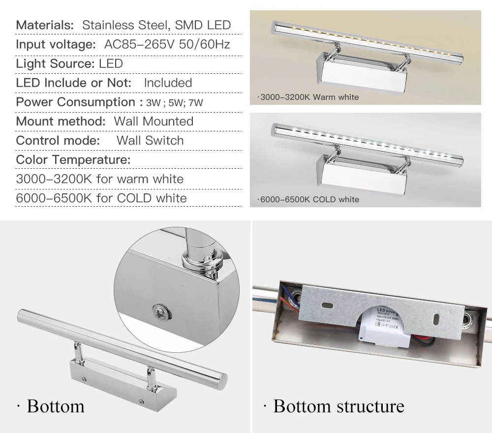 LUCKYLED современный светодиодный светильник для зеркала 3W 5 Вт 7 Вт 90-260 в водонепроницаемый настенный светильник для ванной комнаты настенный промышленный светильник из нержавеющей стали