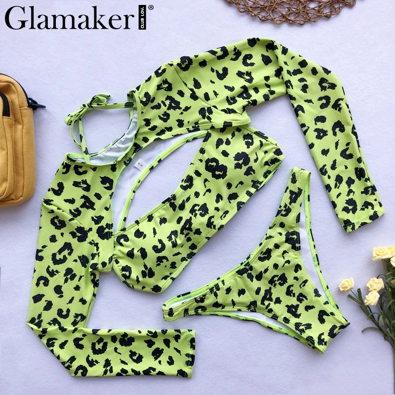 Женский купальник Glamaker неоновый бикини с леопардовым принтом длинным рукавом и