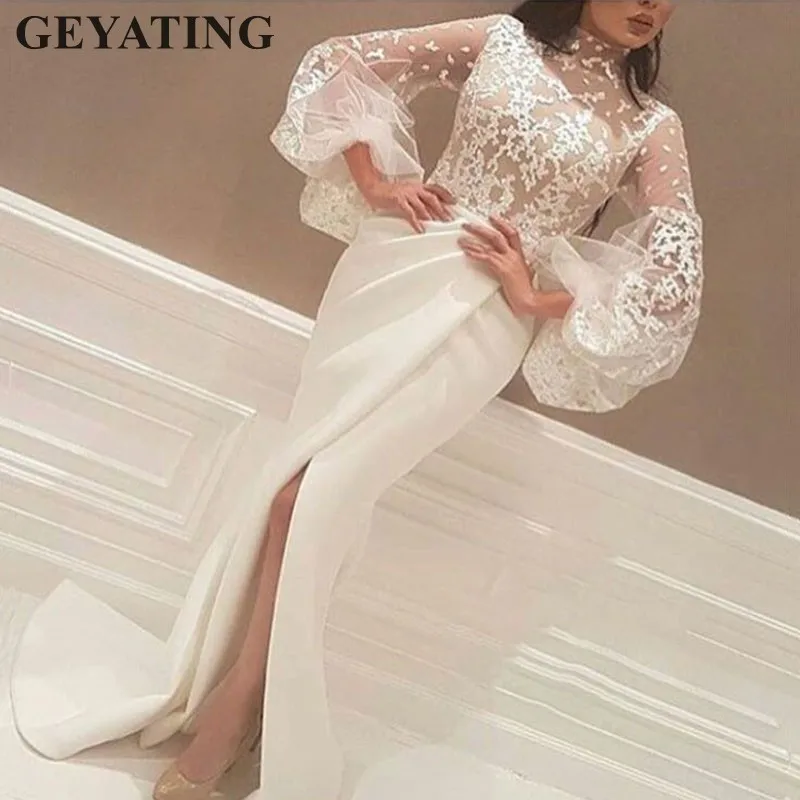 Elegant Mermaid Arabian Evening Dresses Long Sleeves High Neck White Long Dubai Prom Dress 2019 Lace Women Formal Party Gowns Elegant Mermaid Arabian Evening Dresses Long Sleeves High Neck White Long Dubai Prom Dress 2019 Lace Women Formal Party Gowns