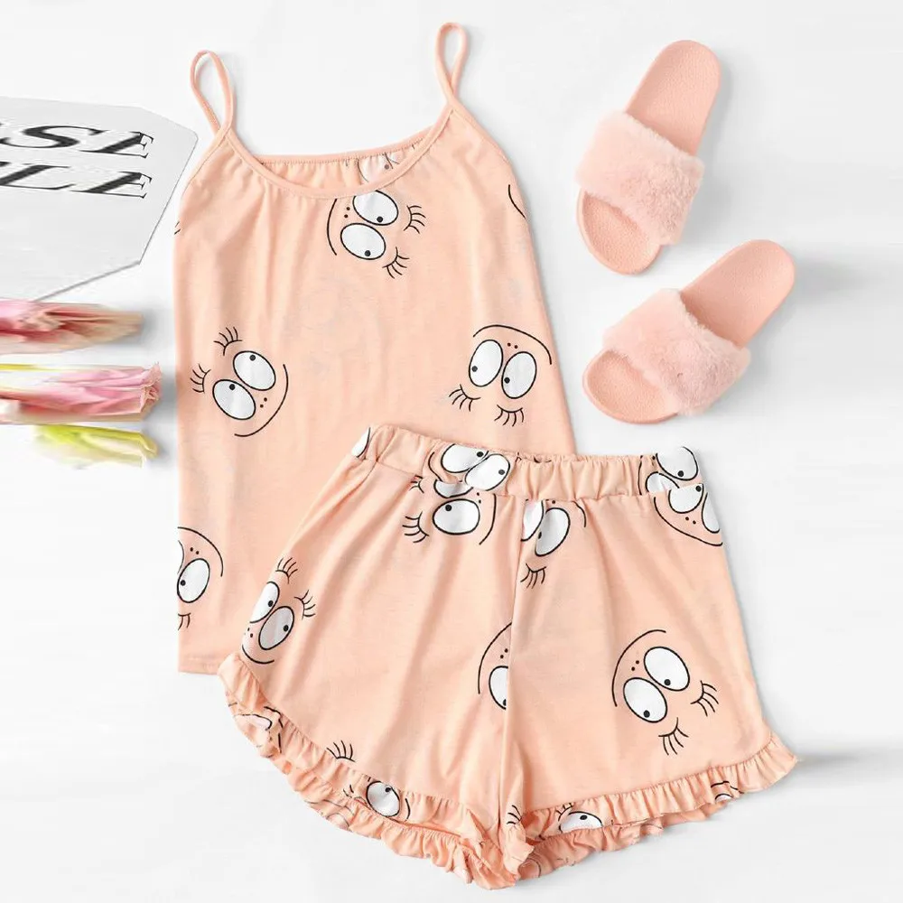 

home clothes for women 2019 Sleeveless Cotton Camisole Tops Short Pants Cartoon Print Frill Trim sexy pajama unicorn femme Set