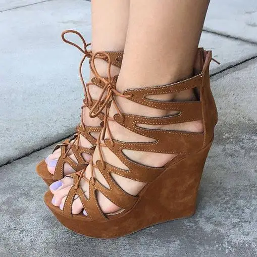 

New Gladiator Platform Shoes Woman with Peep Toe Cross Strap Lace up Wedge Sandals in High Heel for Ladies Sexy Shoes