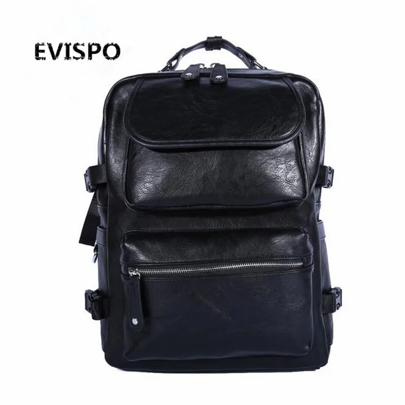 2016 New Men s Backpack Bucket Bag Black PU Leather Travel Bag Men 16 5