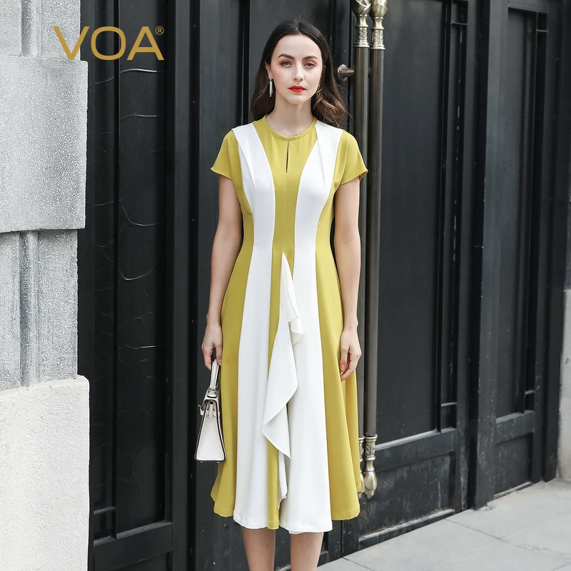 

VOA Heavy Silk Midi Dress Women Yellow Summer Dresses Elegant Short Sleeve Party vestidos Sweet sukienki Pleated jurken A10116