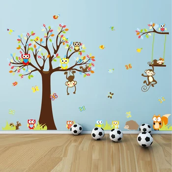 

2PC Forest Cute Monkeys Playing On Trees Owls Removable PVC Wall Sticker DIY Kids Room Home Decor Decal Wall Decoration Stickers