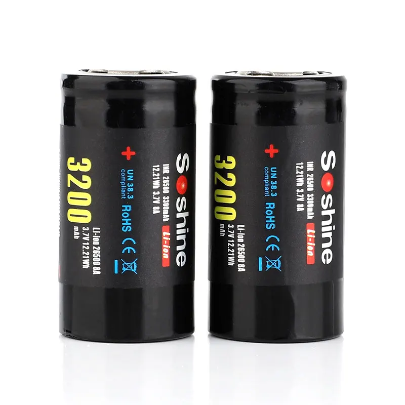 

2 unids/par Soshine 3,7 V 3200 mAh 26500 batería recargable Li-ion baterías celda con funda de soporte de batería