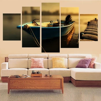 

Oil Picture Seascape Wall Art Canvas Print Poster Boat Painting Sunset Picture Scenery Home Decor Wall Art Canvas Unframed 5 Pcs