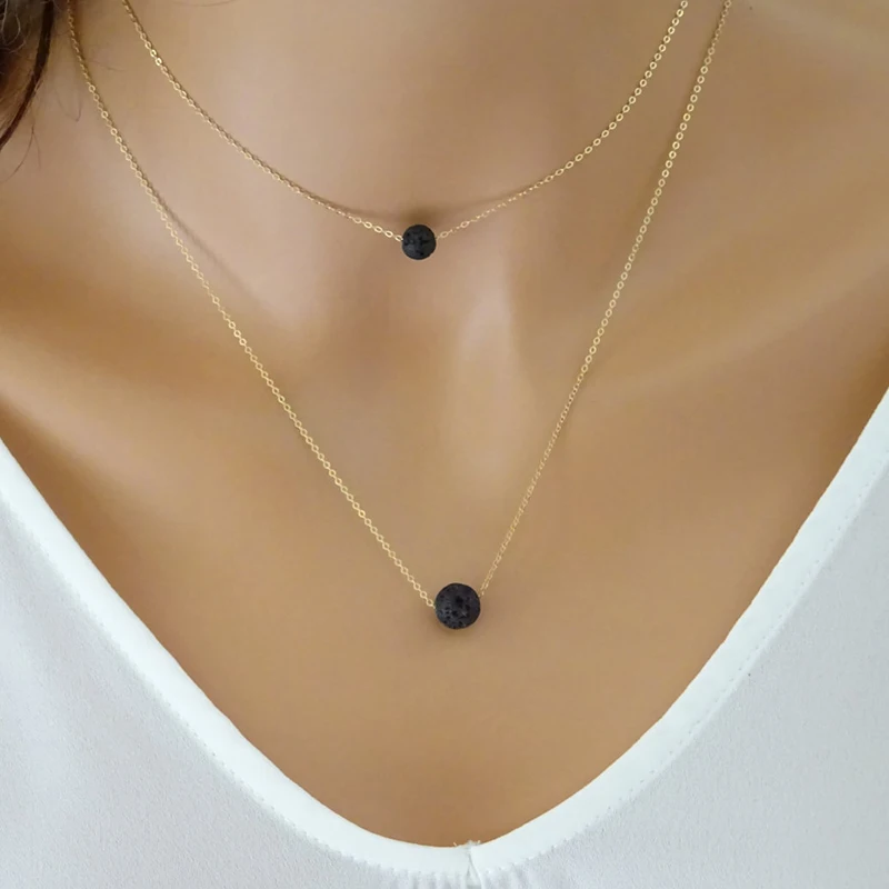 

Double Lava Stone Necklace, Black Lava rock Necklace, Aromatherapy necklace, Mothers day gifts, Gift for her XL597