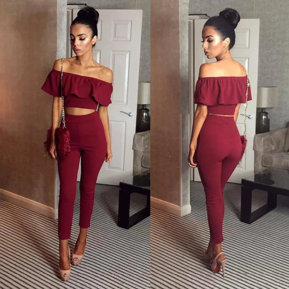 

Off Shoulder 2 Pcs Set Long Slim Ruffles Bodycon Macacao Womens Jumpsuit Female Overalls Playsuit Romper Jumpsuit Rompers S6928