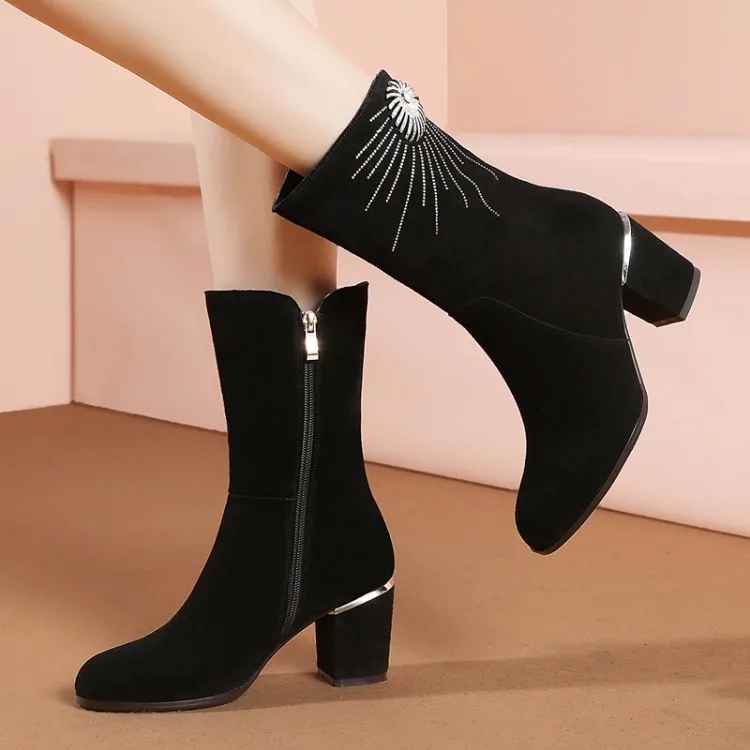 Taille En Bottes Vache Noir Femmes Haut Hiver Talons Daim Suédé Grande Mode De 43 Fourrure Automne mollet Mi Épais Cuir {zorssar} UwW5qCx