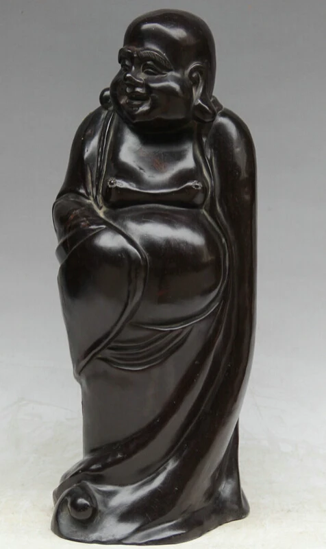 

Collectible bronze S1880 18" Chinese Buddhism Rosewood Stand Happy Laugh Maitreya Buddha Statue sculpture