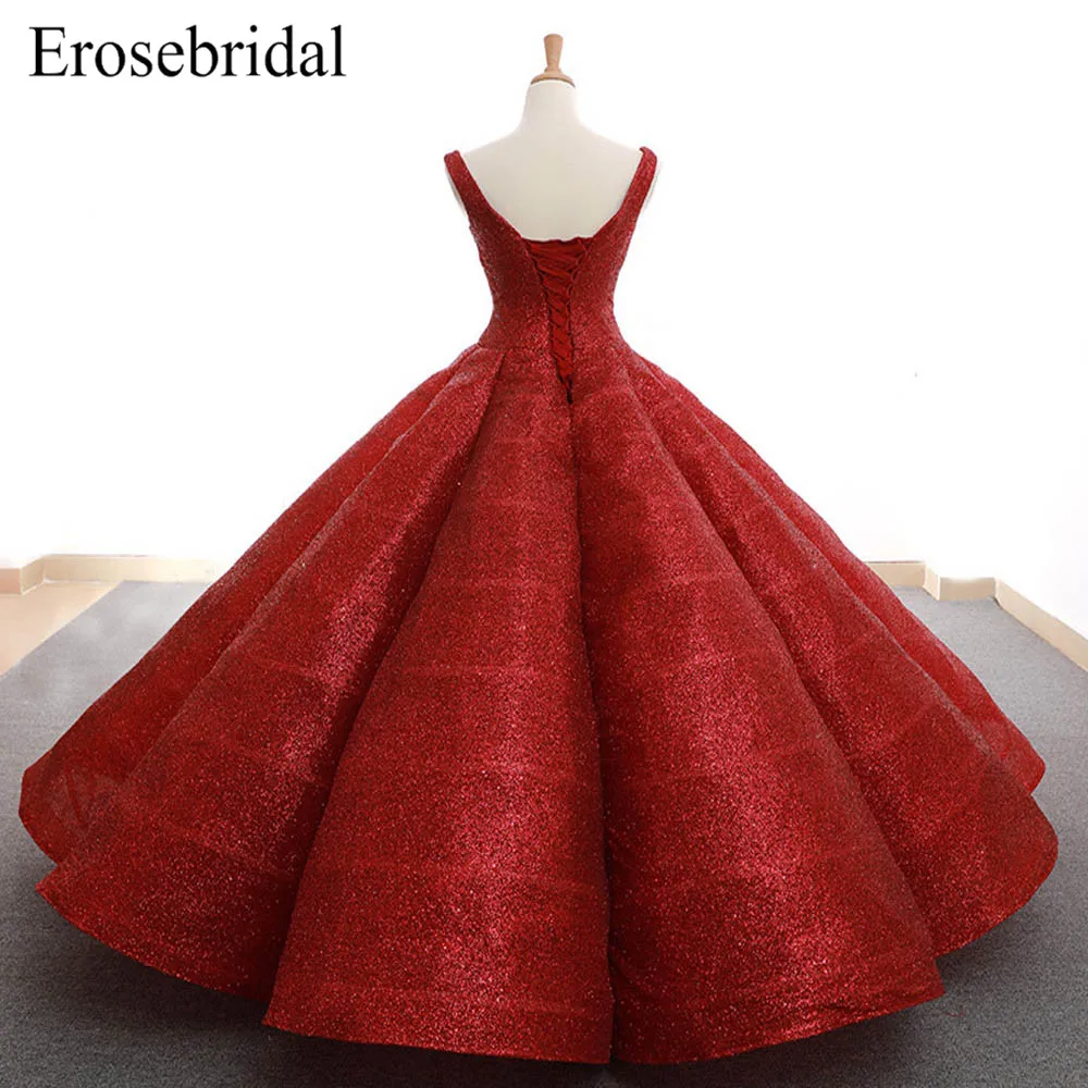 Red Ball Gown Evening Dress Long 2019 Sequined Evening Wear V Neck Elegant Lace Up Back robe de soiree Real Image