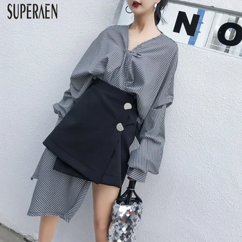 

SuperAen Fashion Women's Sets 2018 Irregular V-neck Long-sleeved Women Shirt Wild Cotton Ladies Skirts Two-piece Female Autumn