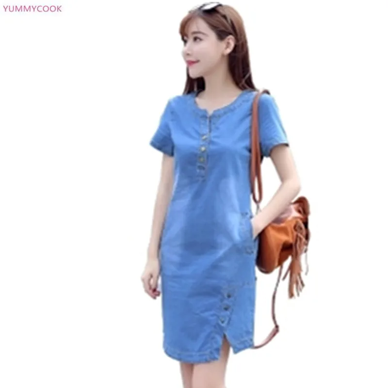 

Female slimming Short sleeve denim dress female 2019 spring summer new Korean large size was thin loose denim short dress 425