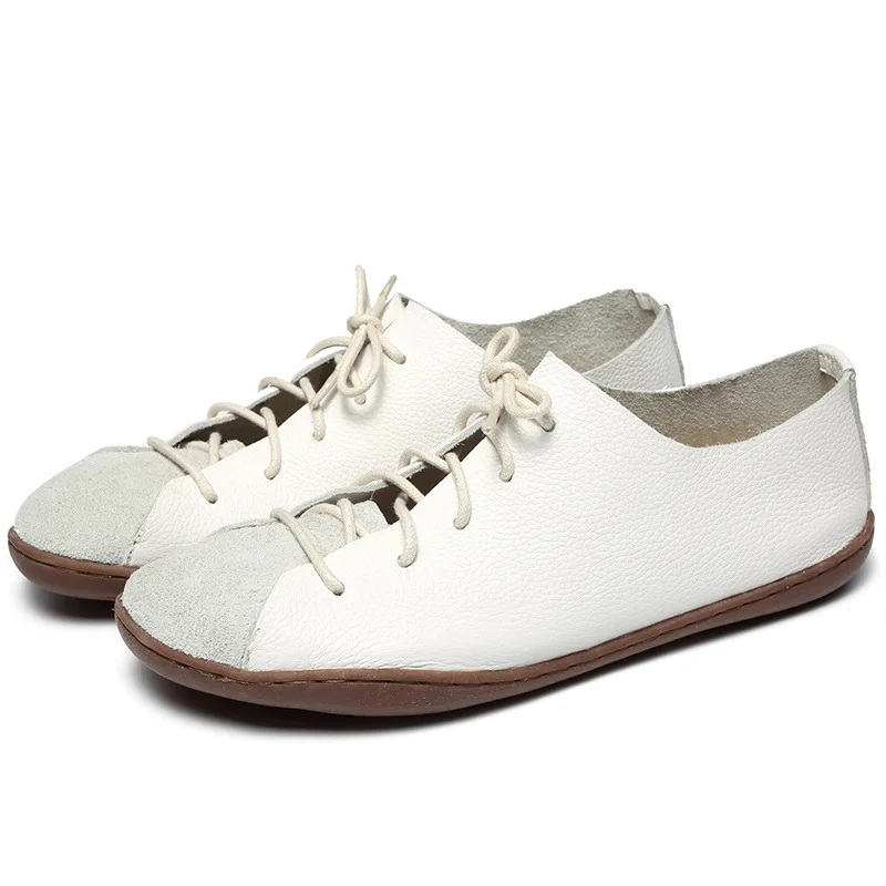 

NEW flat shoes women Genuine Leather Lace Up Round Toe Soft bottom Sewing thread splice drive Ladies Loafers 2019 women shoes