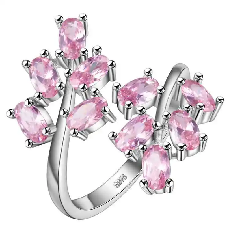 Romantic Pink Cubic Zirconia Flower Adjustable Rings Silver Color Exquisite Wedding Bands Party Anniversary Ring Women Drop Ship | Украшения