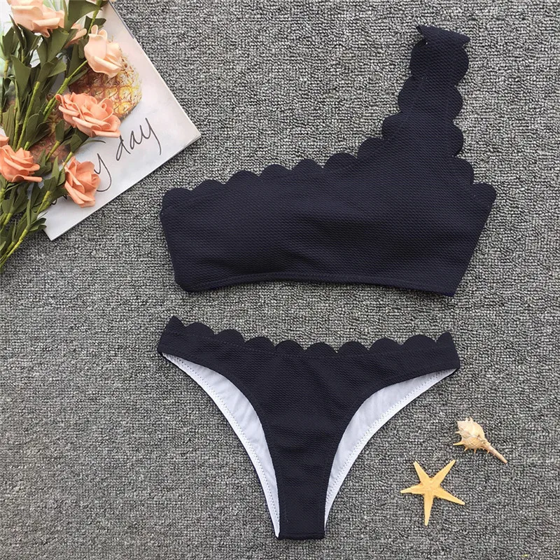 

One Shoulder Bikini Set Women Solid Sexy Two Pieces Swimwear Women 2019 New Beach Swimsuits