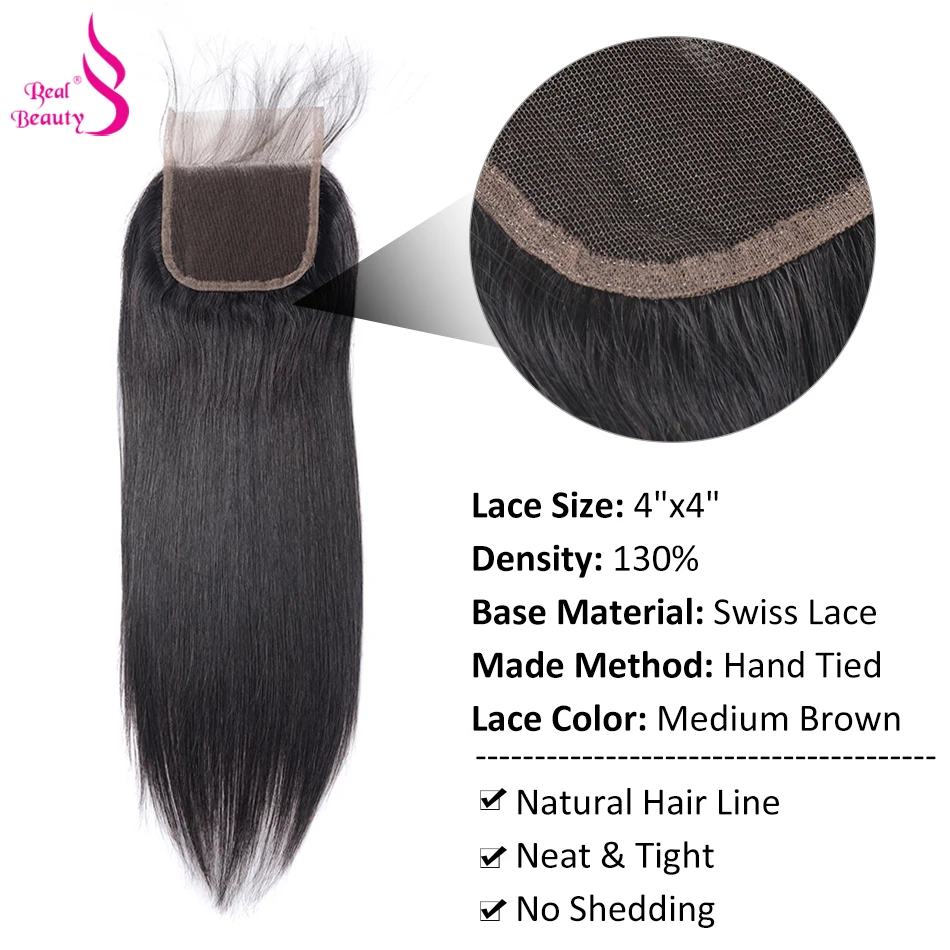 Peruvian Straight Hair 3 Bundles With Closure 4x4 100% Human Hair Bundles With Lace Closure non-Remy Hair 8-28  (28)