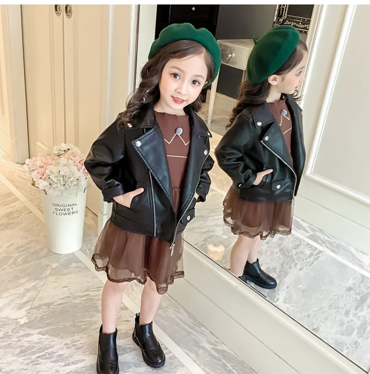 Весенне-Осенняя детская черная куртка из искусственной кожи ветрозащитная модная верхняя одежда для девочек, пальто теплая одежда для маленьких девочек возраст от 3 до 9 лет