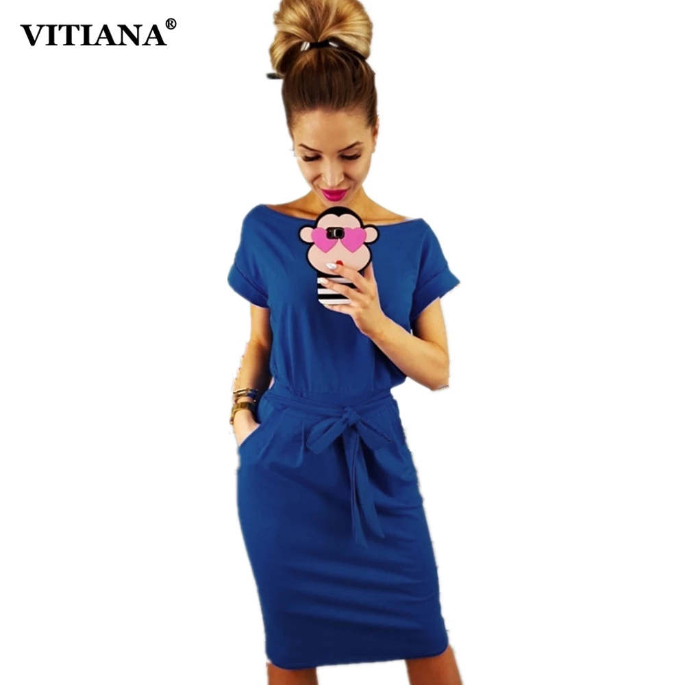

VITIANA Women Loose Casual Pencil Dress Female 2018 Summer Black Short Sleeve Knee-length Elegant Belt Midi Office Dresses