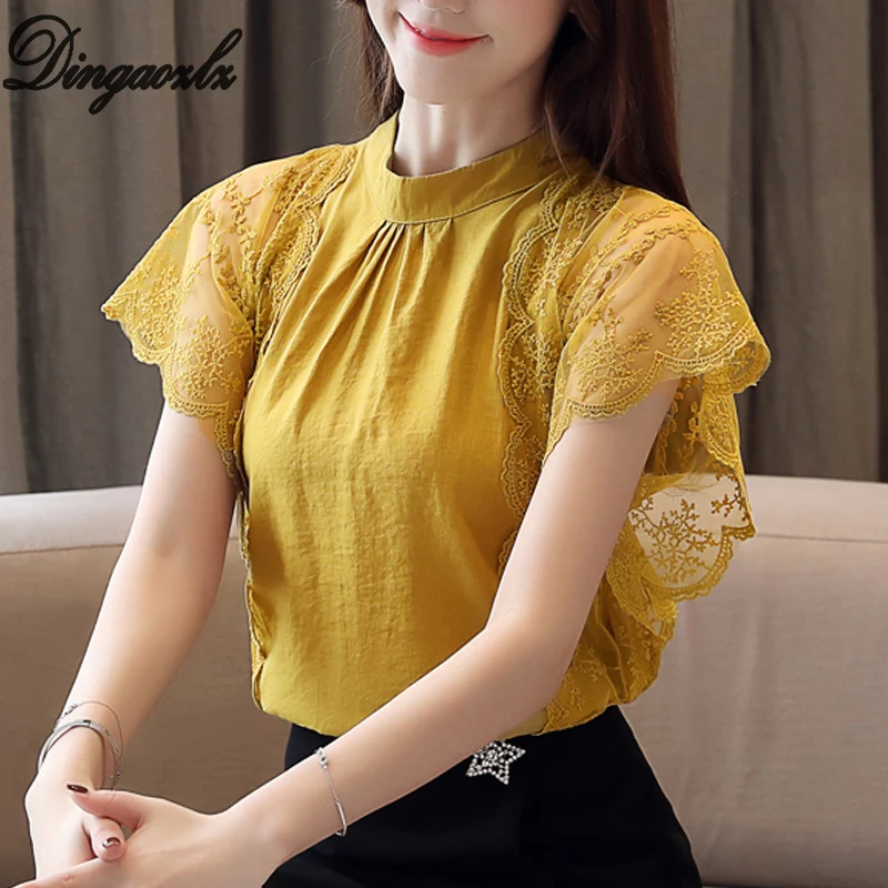 Dingaozlz الصيف 2019 جديد الدانتيل خياطة الشيفون قميص أنيقة قصيرة الأكمام الإناث قمم عارضة المرأة بلوزة Blusa