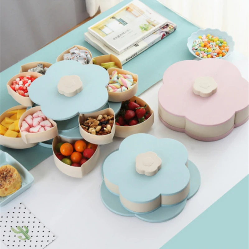 

Creative Double Layer Petal-Shape Storage Box Seeds Nuts Candy Dry Fruits Snack Box Container Rotating Desktop Decorate