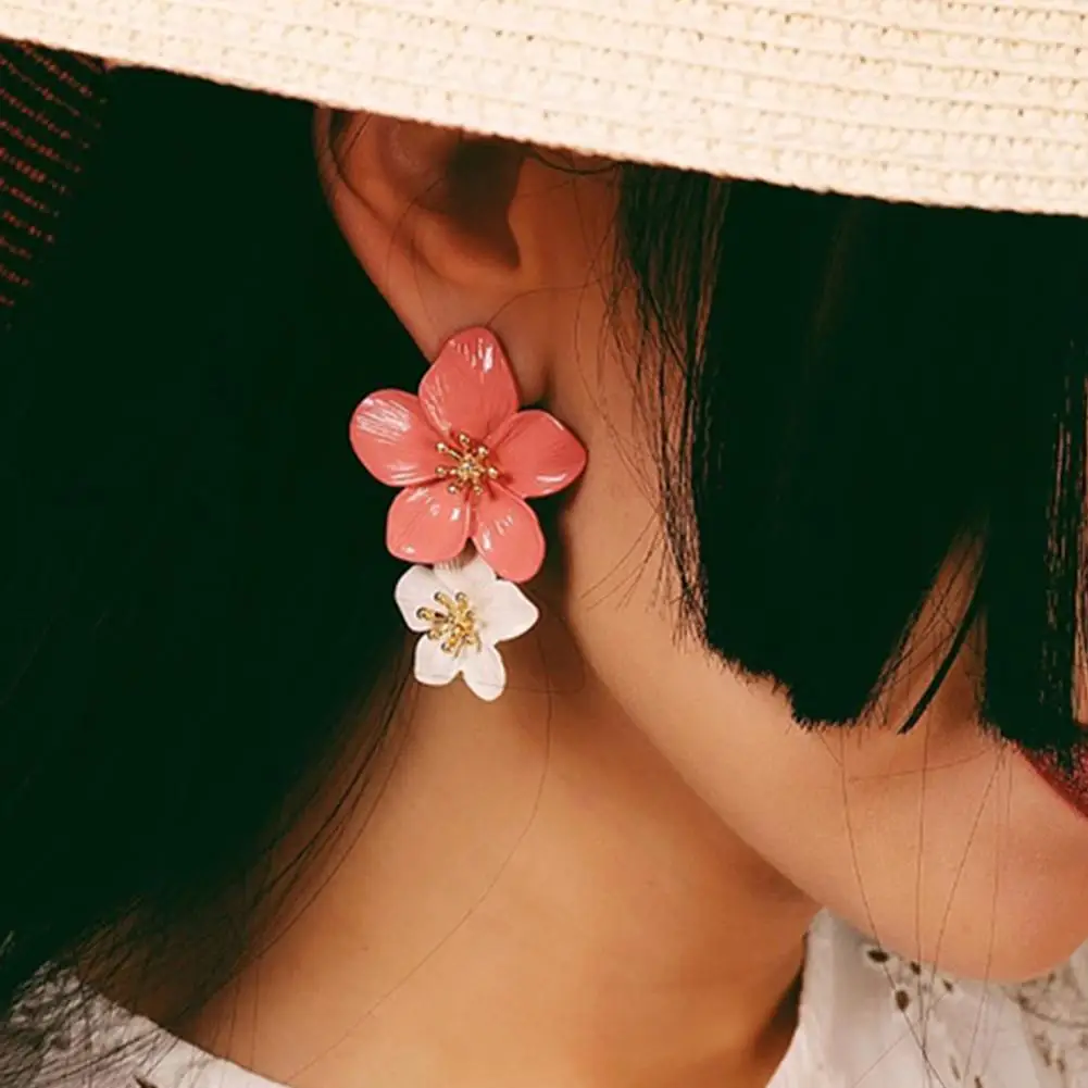 

2019 Creative Fashion Female Earing Double Flower Enamel Drop Dangle Hanging Women Stud Earrings Summer Beach Party Jewelry New