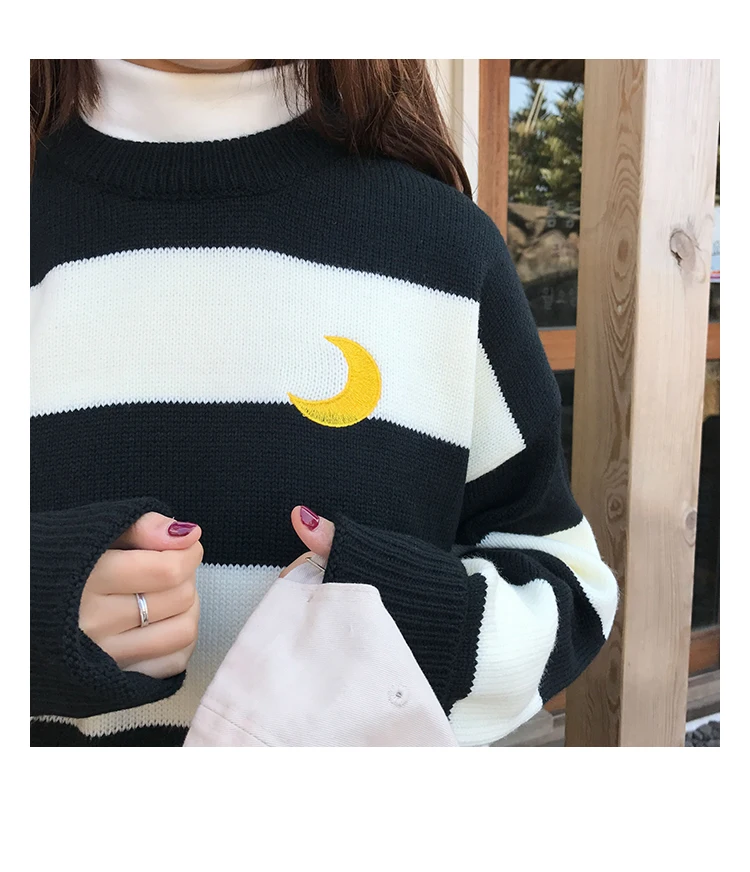 Корейский полосатый лунный Женский вязаный свитер Harajuku Preppy Kawaii Ulzzang женские свитера осенние японские теплые пуловеры с длинным рукавом