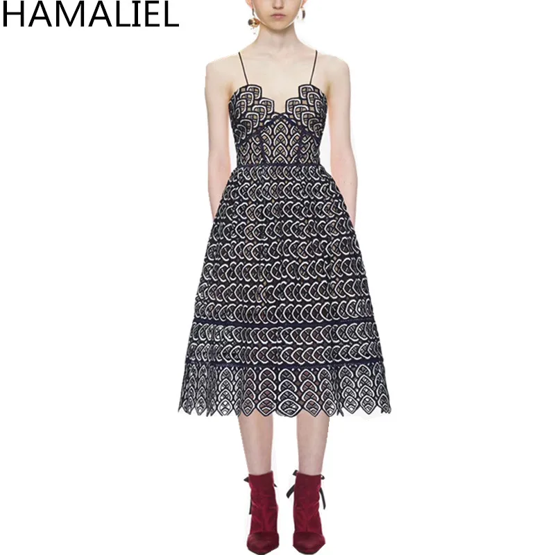 

HAMALIEL Spring Autumn Dresses 2018 Self Portrait Runway Black White Patchwork Spaghetti Strap Crochet Sexy Backless Dress