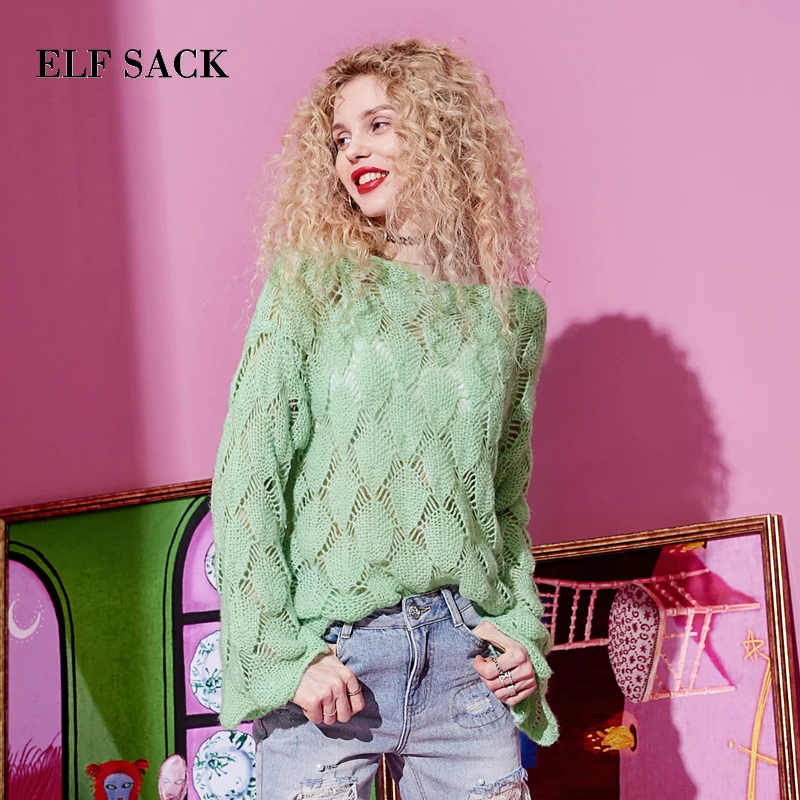 ELF SACK New Oversized Woman Sweater Casual Solid O-Neck Hand Knitted Full Women Pullovers Sweet Streetwear Hollow Femme Tops | Женская